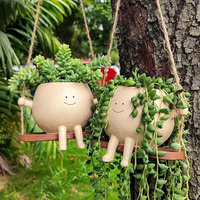 Mignon Résine Artisanat pop sourire visage balançoire Pays Pots De Fleurs belle Suspendus Assis Visage Balançoire planteur pour Ornements De Jardin