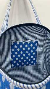Blue Cotton Duffle Bag With White Pattern Zipper Closure Bohemian Style <b>Travel</b> Weekend <b>Holdall</b> All Seasons Use - Product Image 2