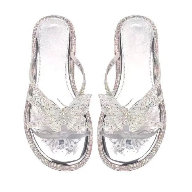Sandal Flat perak sol kristal, sandal Flat perak, ujung bulat, sepatu rias kupu-kupu untuk wanita