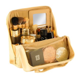 Large Capacity Cosmetic Bag With Mirror Zipper Closure Portable <b>Makeup</b> Organizer Travel Storage <b>Case</b> Solid Color Beige - Product Image 4