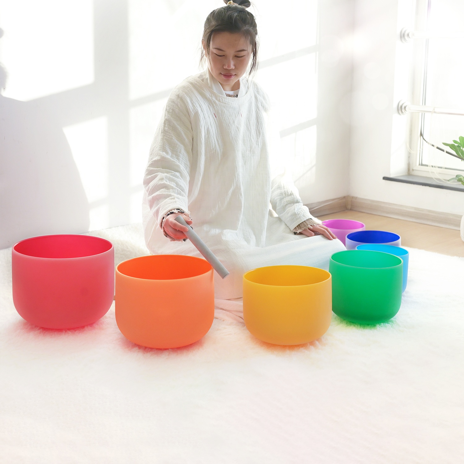 Чаши кварцевые матовые с кристаллами, 432/440 Гц