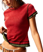 T-shirt court côtelé vintage pour femme, bord festonné vert contrastant, manches courtes, style Y2K, coupe ajustée, décontracté, streetwear d'été