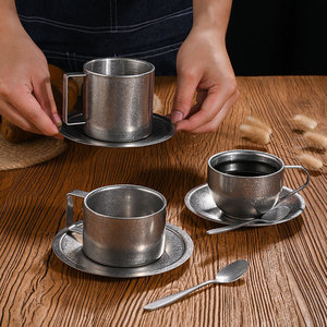 Retro 304 Stainless Steel Coffee <b>Mug</b> 200ml Double Wall With Saucer <b>Set</b> For Tea And Coffee - Product Image 1