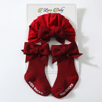 Ensemble bonnet et chaussettes pour bébé, bonnet à nœud papillon rouge, casquette à fermeture douce, en coton et Polyester, respirant, pour nouveau-né unisexe