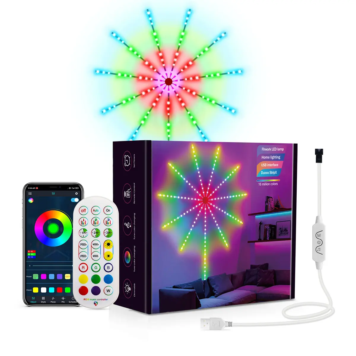 Rgbic Vuurwerk Led Strip Lights Bluetooth App Controle Muziek Geluid Sync Dc 5V Usb Lamp Voor Feest Muur Decor Droomkleur Kerst