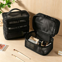 Trousse de Maquillage à 3 Niveaux en Maille, Organisateur Cosmétique, Étui de Rangement, Pochette de Voyage pour Articles de Toilette, Grande Capacité Portable, Porte-Pinceaux de Beauté, Trousse de Toilette