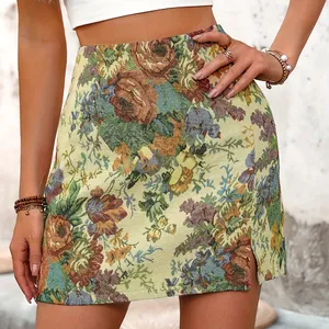 Mini-short d'été à imprimé floral pour femmes jupe trapèze fendue aux hanches jupe moulante vintage taille haute pour femmes vente en gros