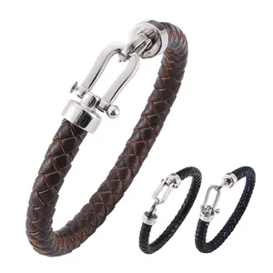 Lobster Clasp Stylish Vintage Matching Leather Stainless Steel Bracelet Brown Men's Leather Bracelet Clasp Bracelet