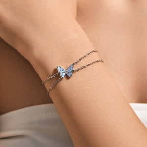 S925 Silver Butterfly Shape Chain <b>Bracelet</b> With Blue Crystal Inlay Rhodium Plated Cute Everyday Wear Women's Jewelry - Product Image 5