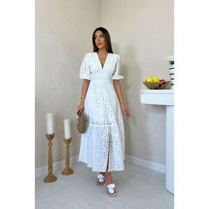 Vestido de Cóctel Blanco al por Mayor con Detalle Fruncido y Bordado de Encaje - Product Image 3