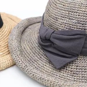 K Japanese Korean Style Spring Summer New Design Raffia Thick Crochet Rolled Brim Bowknot Sun Hat