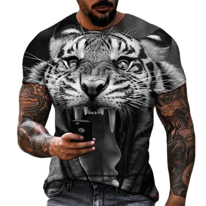 Fashion Trend Summer Oversized T Shirts Ferocious Animal Tiger 3D Printed Men's T-shirts Round Neck Short Sleeve