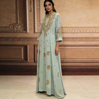 Robe Jalabiya de luxe du Moyen-Orient, ornée de perles dorées, avec manches 3/4 et col en U, style kaftan modeste pour les occasions de fête de l'Aïd