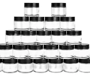 2 oz frascos de vidro 60ml redondo mini recipiente de vidro transparente com forros internos e tampas pretas para ervas chá spice loções em pó