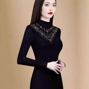 Women's Knit <b>Top</b> Black Long Sleeve Semi High Collar Rhinestone Embellished Soft Polyester Fleece Lined Autumn Winter Base <b>Layer</b> - Product Image 2