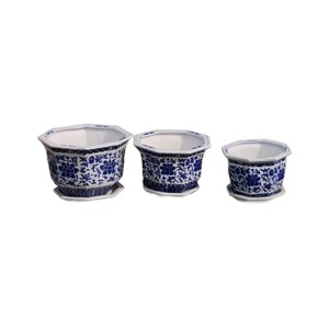 Pot de fleurs en céramique de Jingdezhen, porcelaine bleue et blanche, pot octogonal Hibiscus, plateau, balcon, plante verte d'extérieur, fait main, chinois - Product Image 5