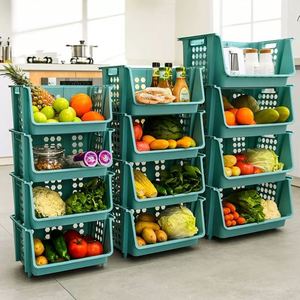 1-4 Tier Multipurpose Plastic Stacking Storage Basket Organizer Rack Open Front for Vegetable Fruit <b>Kitchen</b> <b>Pantry</b> with Wheel - Product Image 3