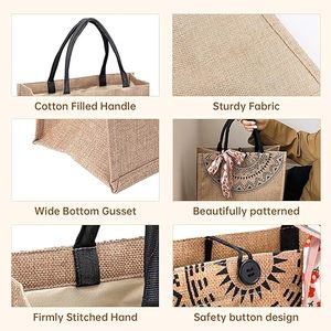 Women'<strong>s</strong> Fashionable Eco-friendly <strong>Jute</strong> <strong>Tote</strong> <strong>Bag</strong> Zipper Closure Custom Logo Long Fabric Handle Reusable Travel Gift Shopping - Product Image 4