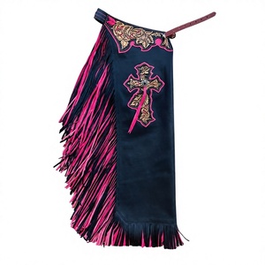 Pantalones de montar de cuero estilo western para mujer con flecos rosas y negros, bordado de cruz y grabado floral – Pantalones de equitación personalizados para vaqueras - Product Image 1