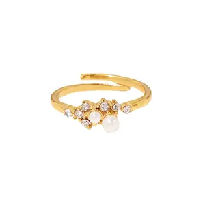 Elegant Fresh Water Pearl Zircon Adjustable Flower Rings Jewelry Women 18K Gold Plated Stainless Steel Ring