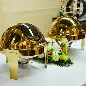 Piring Chafing dekoratif mewah 6,0 L, alat penghangat makanan kapasitas besar Roll Top piring berlubang warna perak dan emas