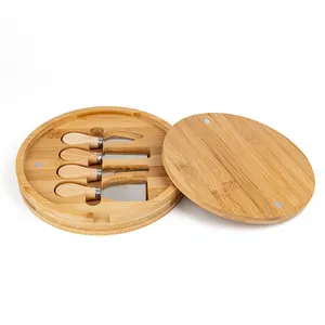 Wholesale Custom New Design Butter Stainless Steel Knife Cheese Tools Round Bamboo Cheese Board Cutting Board With Knife Set