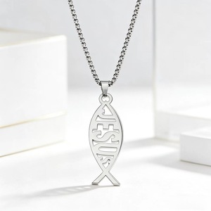 Collier pendentif unisexe tendance hip-hop en acier inoxydable avec chaîne en bambou, motif poisson ajouré, lettre anglaise et <span class=keywords><strong>nom</strong></span> <span class=keywords><strong>de</strong></span> Jésus - Product Image 5