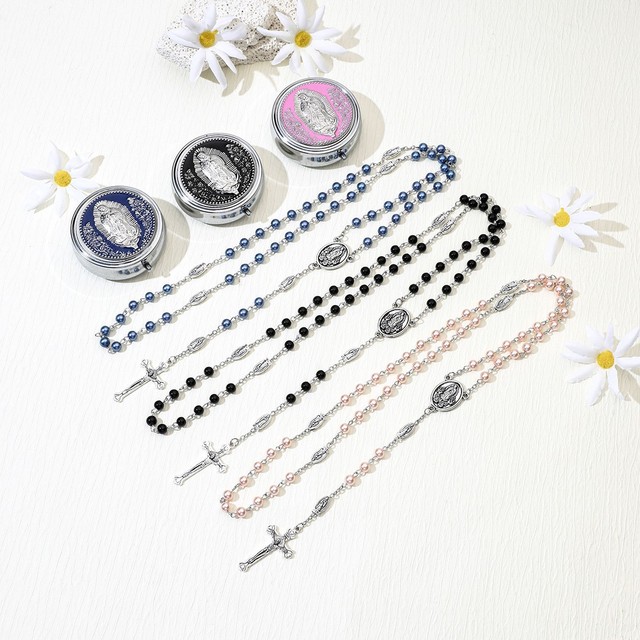 Handmade Rosary Beads Imitation Pearl Glass Beaded Our Lady of Virgin Mary Rosaries Catholic for Bapstim Gift
