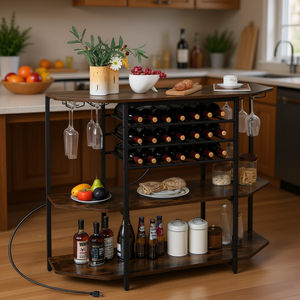 Meuble bar à vin 3 niveaux en bois avec étagères de rangement pour cuisine, fête, design moderne - Product Image 2