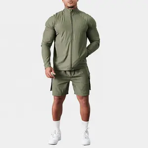 Custom Essential Four Way Stretch Fabric Stand Neck Full Zipper Workout Jacket Gym Raglan Shoulder Polyester Elastane Jacket Men