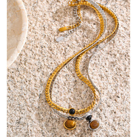 JINYOU 2015 Collar de Cadena Gruesa Trenzada de Acero Inoxidable Chapado en Oro con Colgante Redondo de Piedra Ojo de Tigre, Joyería