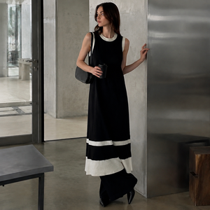 Robe longue minimaliste sans manches pour femme, col rond, couleur contrastante, coupe ample, noir et blanc, toutes saisons, respirante, tissée - Product Image 3