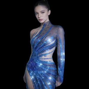 一肩亮片水晶晚礼服修身钻石连衣裙女士高开衩舞会宴会长裙女式夜店服装 - Product Image 1