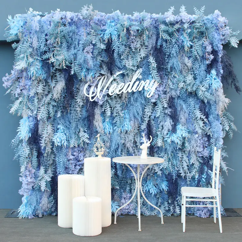 Luxe 3D Blauw Mist Gras Rolling Up Stof Kunstbloem Muur Bruiloft Scene Decor Doek Plant Muur Party Schieten Achtergrond