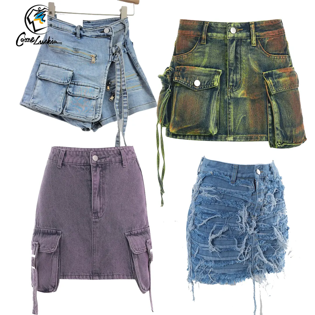 Rok Denim Mini kargo Y2k Vintage desain terbaru rok Jeans disambung tidak beraturan rok pendek saku Flap rok lipit pinggang tinggi