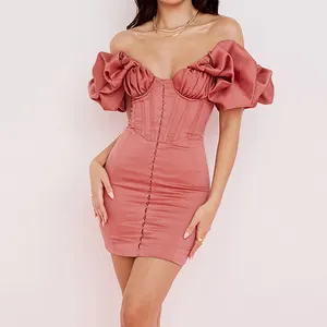 Customized High Quality Ladies Ruched Bodycon Baby Doll Mini Dress For Women Off The Shoulder Short Dresses women lady elegant