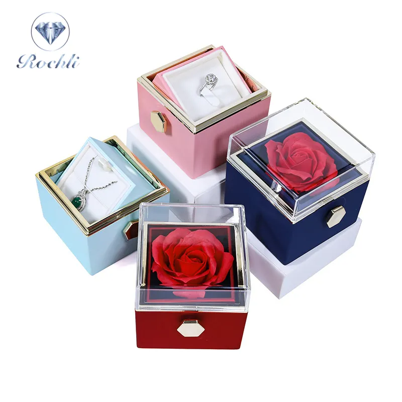 母のバレンタインデーNavidadのための卸売結婚式の提案ロマンチックな回転可能なアクリルネックレスリングソープローズジュエリーボックス