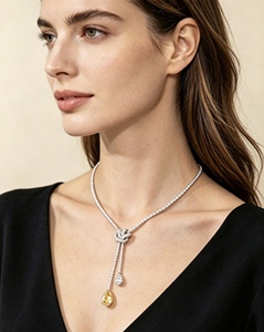 Collier Lariat en Or Blanc 14K avec Diamant de Laboratoire Jaune Poire, Motif Nœud, Chaîne Tennis Entièrement Pavée, Certifié IGI, Luxe, pour Femme - Product Image 4