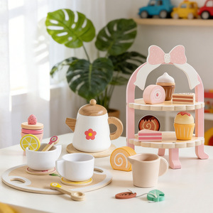 Wooden Pretend Afternoon Tea <b>Set</b> For Children Simulation Kitchen Toy With Cake Stand And <b>Teapot</b> 4-6 Years Old - Product Image 1