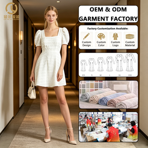 Abito Mini Elegante da Donna in <span class=keywords><strong>Stile</strong></span> Fashion, Collo Quadrato, Maniche a Sbuffo, Colore Avorio, Traspirante, Tessuto con Volant, Vestito Svasato, Nuovi Modelli - Product Image 1