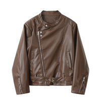 Blouson de motard vintage marron asymétrique en similicuir avec fermeture éclair pour homme – Style classique pour motard et soudeur