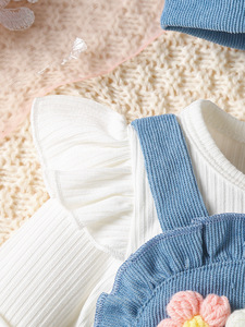 Ensemble trois pièces d'été décontracté pour filles de 0 à 1 an : chemise unie à manches courtes, jupe à bretelles fleuries et bandeau – Polyester/Coton - Product Image 4