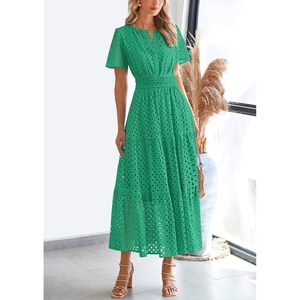 Vestido largo de mujer con manga corta, cuello en V, diseño calado, línea A, cintura elástica, transpirable, informal, para playa o vacaciones - Product Image 4