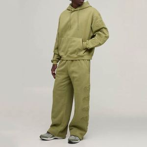 Olive Green Winter <b>Thermal</b> 100% Cotton Embossed Logo Hoodie Sweatpants Wide Leg Custom Men Two Piece Streetwear <b>Tracksuit</b> - Product Image 1