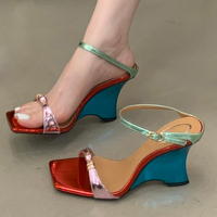 Sandales pour femmes multicolores à bout carré, mules à boucles, talons compensés bleus hauts, à enfiler, à double bride