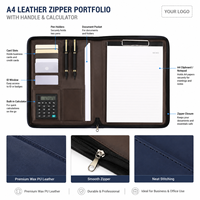 Portafolio de Cuero A4 Personalizado con Cierre, Doble Portaplumas y Portapapeles en Azul Marino con Logotipo para Reuniones de Negocios