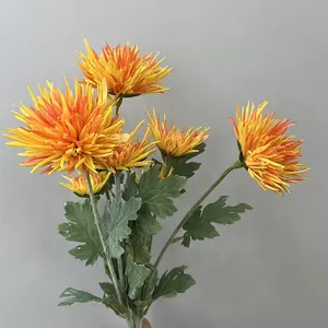 KEWEI 092, flores artificiales de crisantemo, crisantemo de seda dorada, 3 cabezas, garra de cangrejo, crisantemo