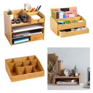 Organizador de escritorio de bambú con compartimentos y cajón para almacenamiento de artículos de oficina, tipo rectangular vertical - Product Image 1