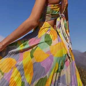 Colorful Printed Women Maxi Floral Tie Dye Digital Printing Pleated Summer Shirt Dress Custom Baggy Casual Dress Womens Clothing