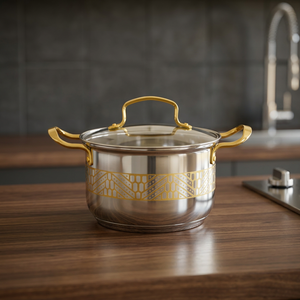 Casserole en acier inoxydable avec motif doré et couvercle en verre, design moderne et luxueux, durable, pour cuisinière à gaz et à induction - Product Image 2